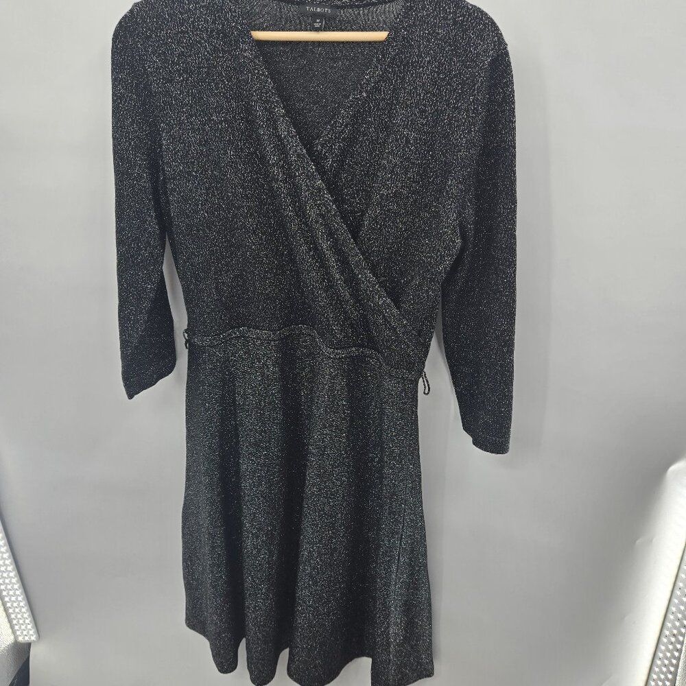 Talbots Black Glitter Merino Wool Long Sleeved Holiday Midi Dress Size Medium